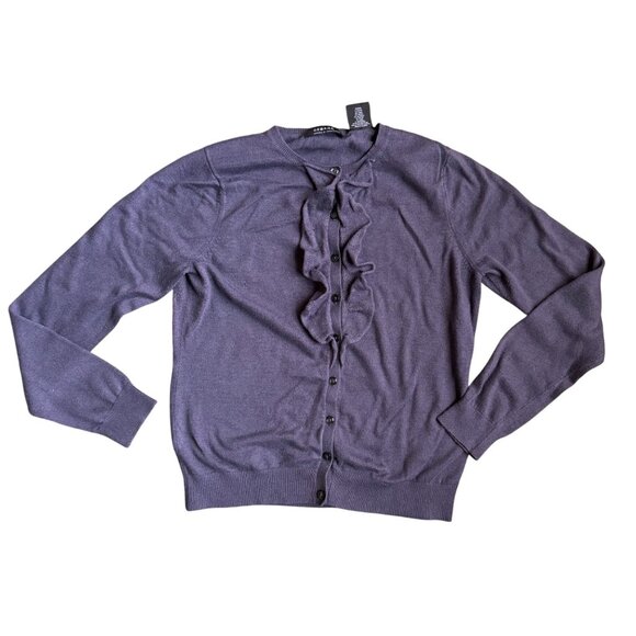 2/$18‎ SALE!  George Silk Cardigan Sweater Womens L Purple Ruffle Fairy Ribbed - Picture 1 of 7